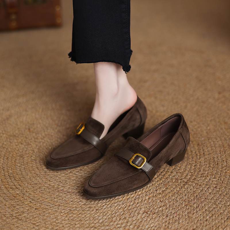 Krazing Pot Sheep Suede Autumn Winter Shoes Metal Buckle Loafers Med Heels Slip on Size 42 Round Toe Slip on Deep Mouth Pumps