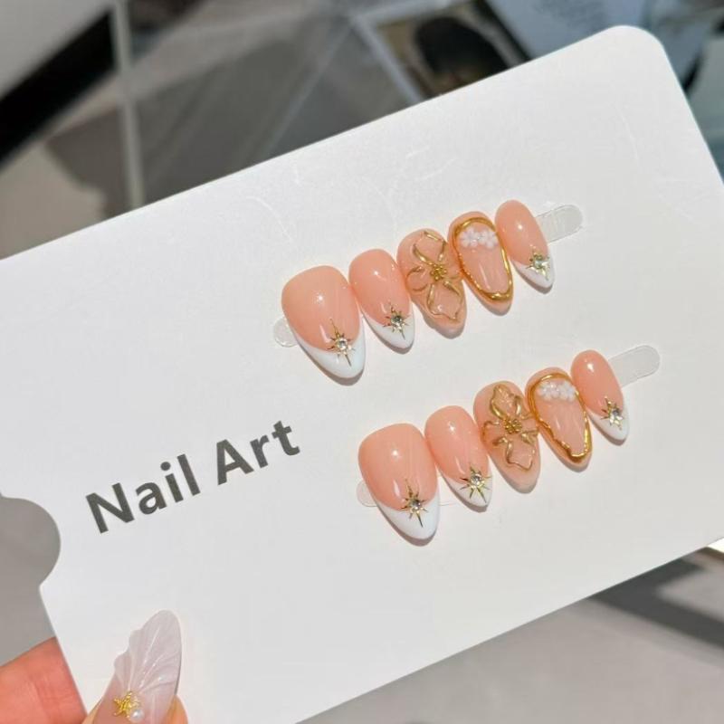 10Pcs Nude Peach French Press On Nails with Gold Flower & Rhinestone Accents XS