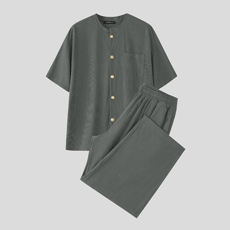 

INCERUN Two Pieces Men Corduroy Short Sleeve Shirt Long Pants Casual Sets Outfits 2XL серый