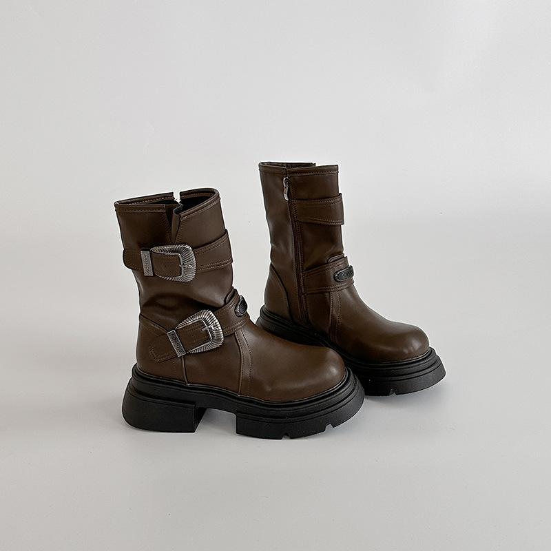 

Retro polished leather boots Western cowboy boots Autumn and winter new metal buckle medium boots Women s British Martin boots tide 41 коричневый