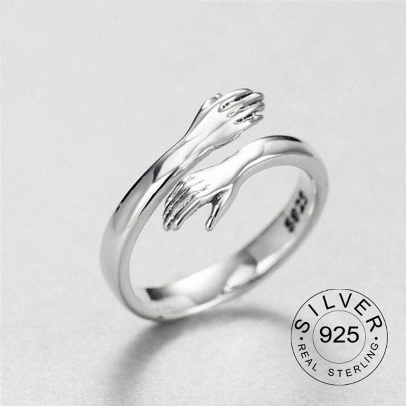 Resizable Good-looking 925 Sterling Silver Ring Trendy Fine Gold Jewelry Loop Antique Hands Hug Shaped Rings for Women Gift Kofo