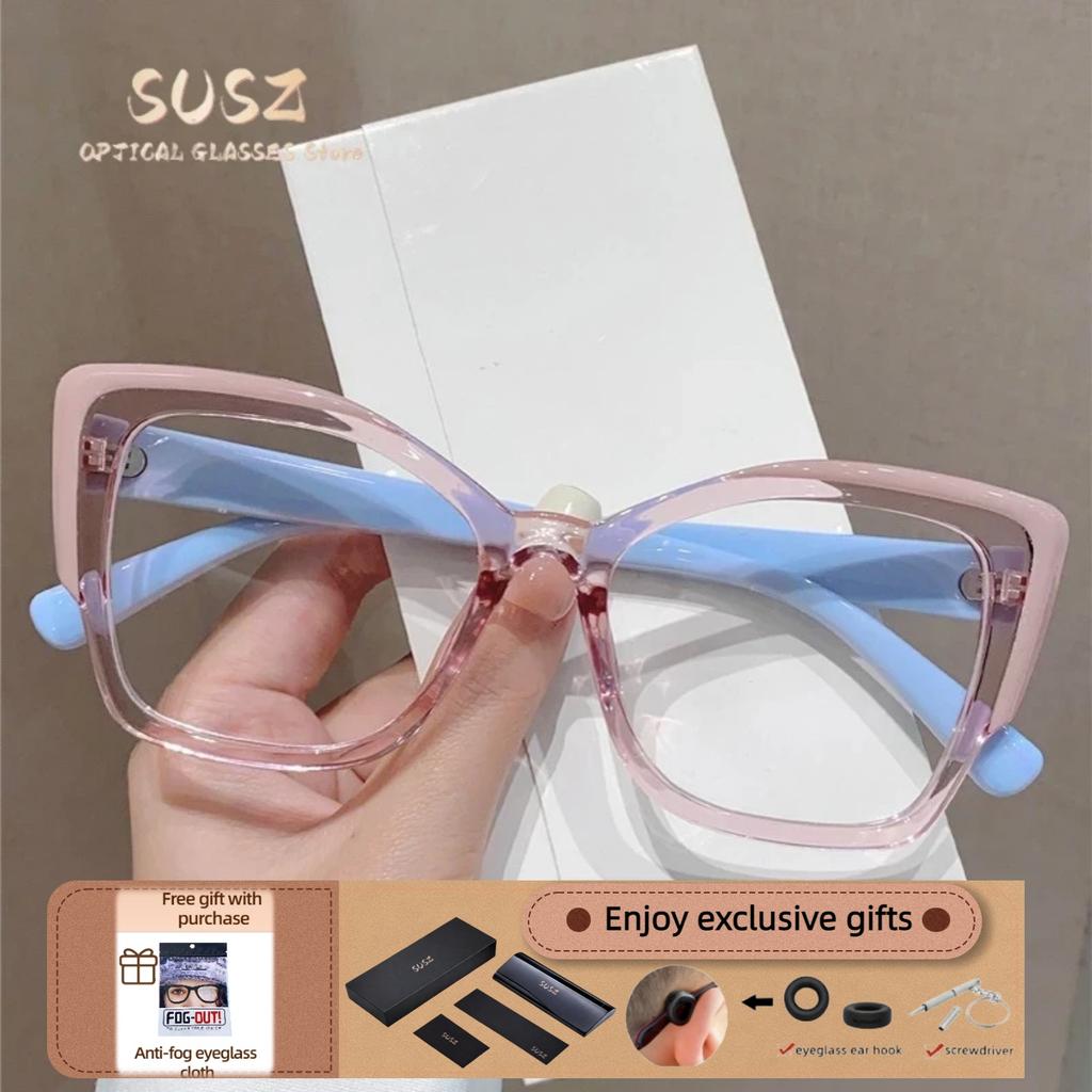 SUSZ Reading Glasses Rectangle Cat Eye Oversize Frame Prescription Optical Glasses Blue Light Blocking Myopia Glasses