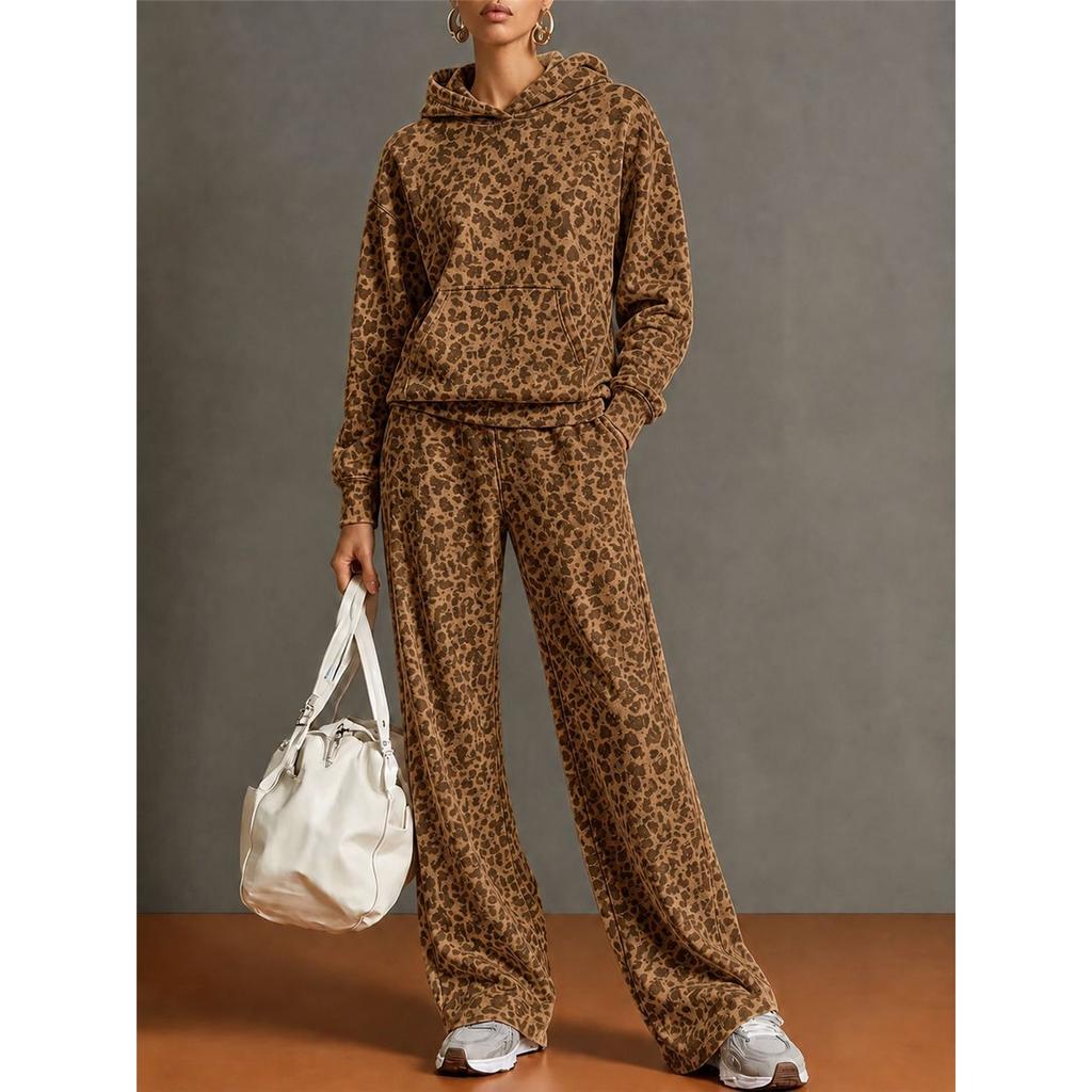 Women Leopard Print 2 Piece Outfit Hooded Sweatshirt And Wide Leg Pants Set Long Sleeve Casual Tracksuit Autumn Winter Loungewear