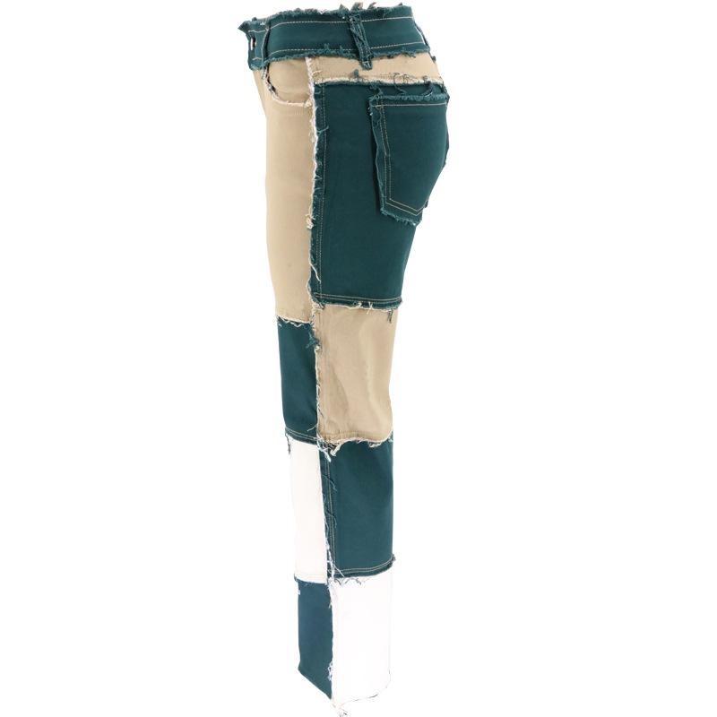 Women's Plus Size Mixed Colour Splicing High Waisted Tight Hip Women's Straight Jeans Trousers