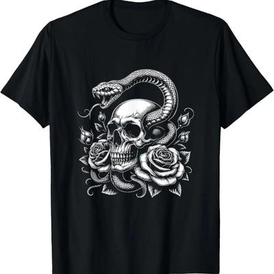 Schädel Schlange Grafik Rosen Blume Kunst Design T-Shirt