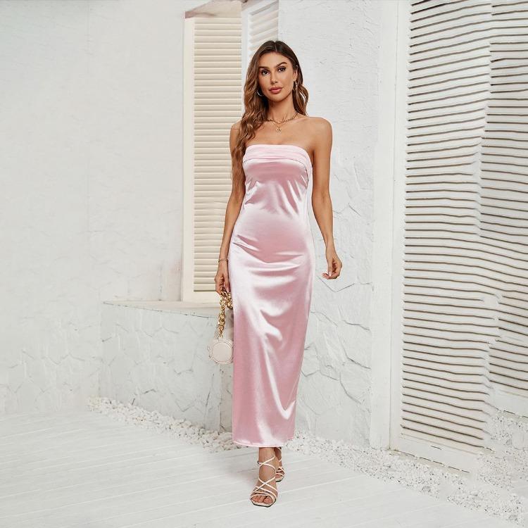 Women Solid Backless Bustier Dress Sleeveless High Waist Ankle Length Design Sense
