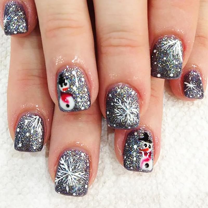 Snowflake Press on Nails Christmas Long Square Fake Nails Winter Snowman Acrylic Glue on Nail Glossy Xmas Stick on Nail for Women
