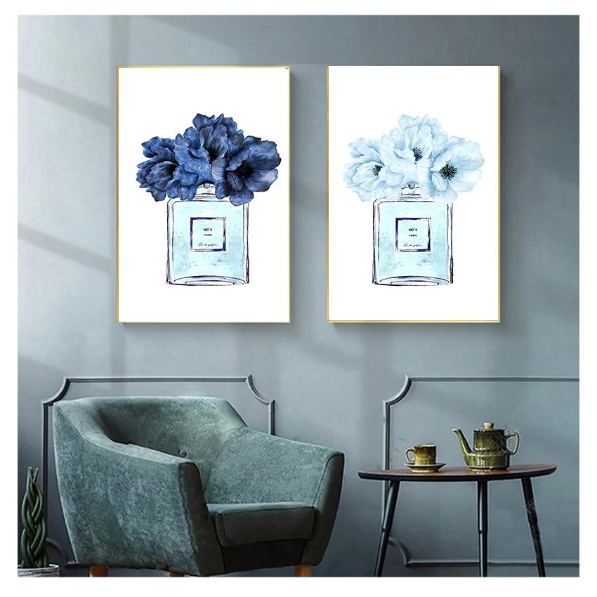 

Синяя акварель Пионы Цветочная живопись Холст Принты Женщина Макияж Настенные картины Девушки Декор комнаты Современная мода Парфюмерный плакат