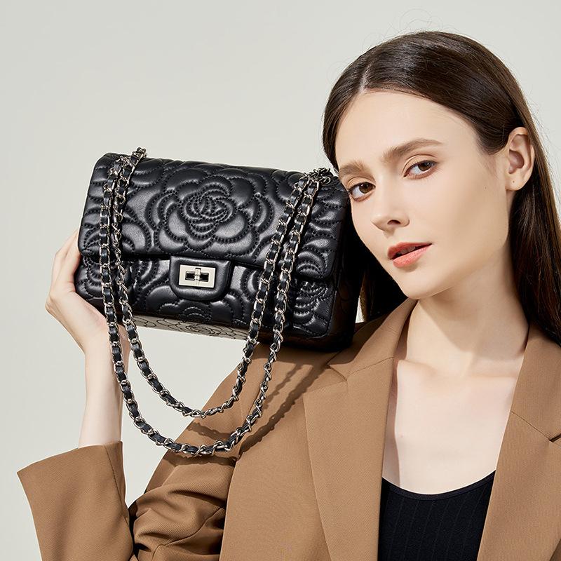 Xiaoxiangfeng Camellia Head Layer High Goatskin Leather Rhombus Women'S Bag Texture Foreign Style Chain Bag Shoulder Messenger Bag