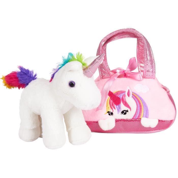 BRUBAKER Regenbogen-Plüsch-Einhorn in einer Handtasche - 20 cm - Plüschtier in einer Tasche - Rosa