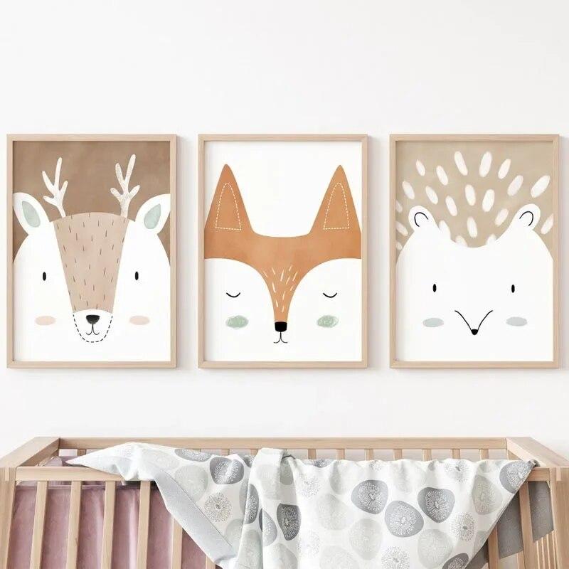 Deer Fox Rabbit Bear Hedgehog Woodland Nursery Wall Art Print Canvas Painting Nordic Poster Wall Pictures Baby Kids Room Decor