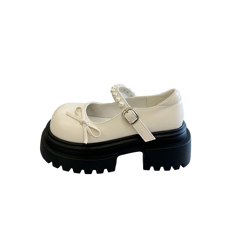 Retro bow round head platform small leather shoes women's 2025 new spring and autumn skirt French Mary Jane single shoes