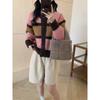 Retro contrasting striped plush soft waxy knitted cardigan women's autumn and winter age-reducing short retro coat