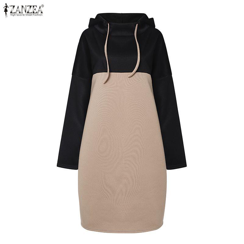 ZANZEA Women Hoodies Casual Patchwork Long Sleeve Hooded Sweatshirt Dress