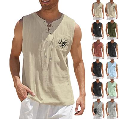 Men's Sleeveless Casual Tank Top Loose Fit Summer Beachwear Lace-Up Front Pocket Sun Print Sleeveless Vest for Outdoor Sports and Leisure