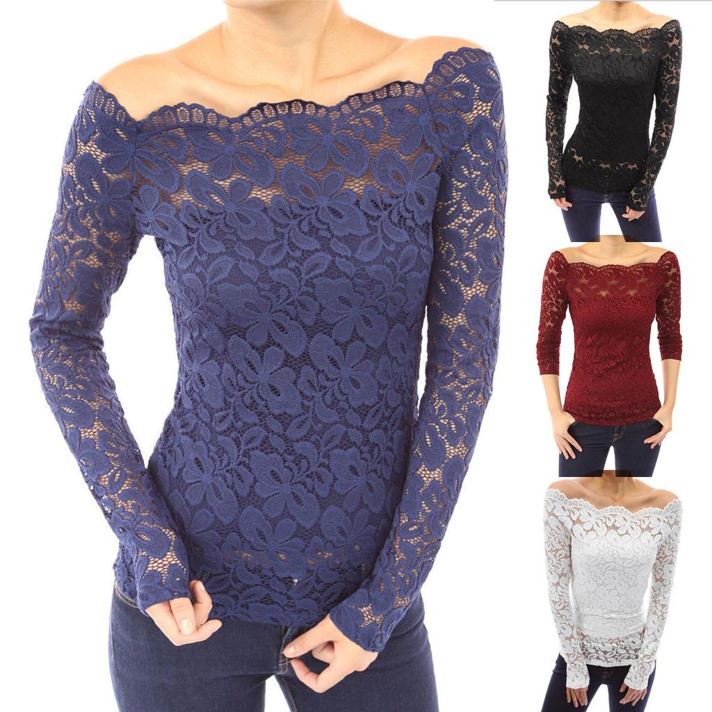 Women's Fashion Strapless Lace One Neck Long Sleeve Hollow Lace Blouse Top