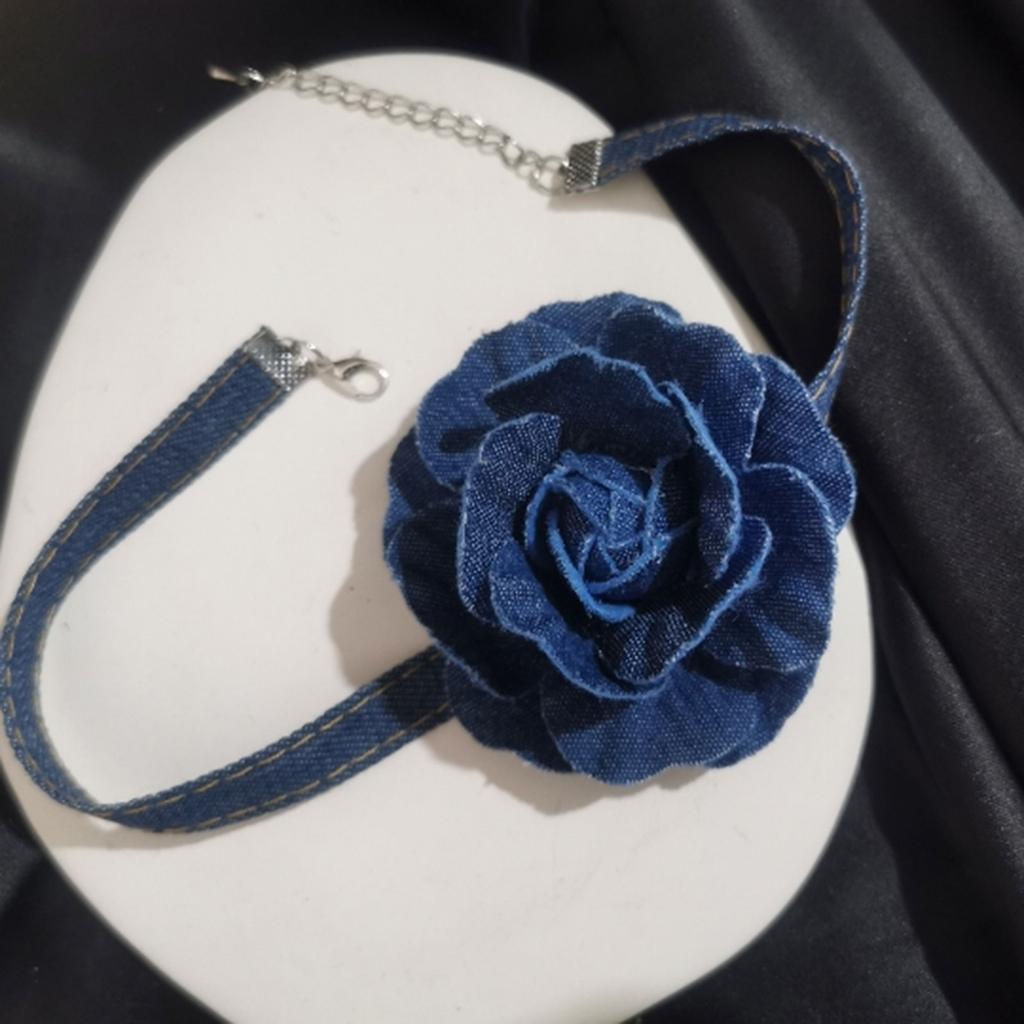 Wide Denim Flower Chokers Necklaces for Women Blue Big Flower Collar Necklace Fashion Jewelry for Womens Girls Gifts
