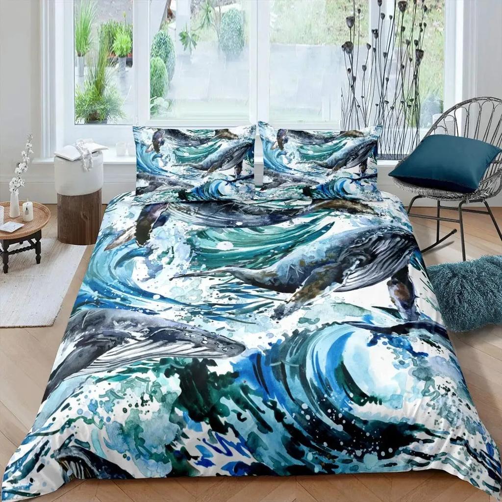 Whale Koi Duvet Cover Set Full Queen SizeSunset Great Sea Wave Bedding SetAnimal Ocean Landscape Japanese Art Comforter Cover
