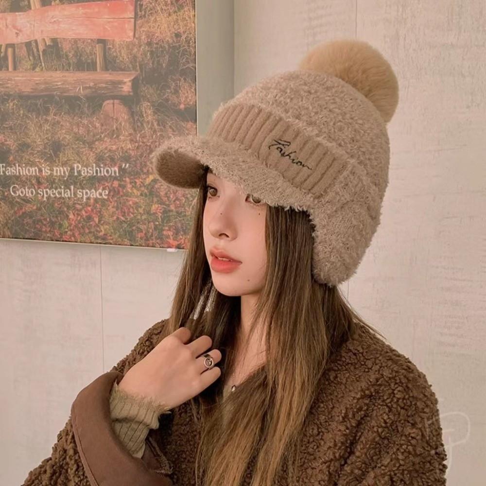 Solid Color Warm Earmuffs Cap Windproof Pompom Plush Beanie Fashion Ear Flap Protection Hat  Women