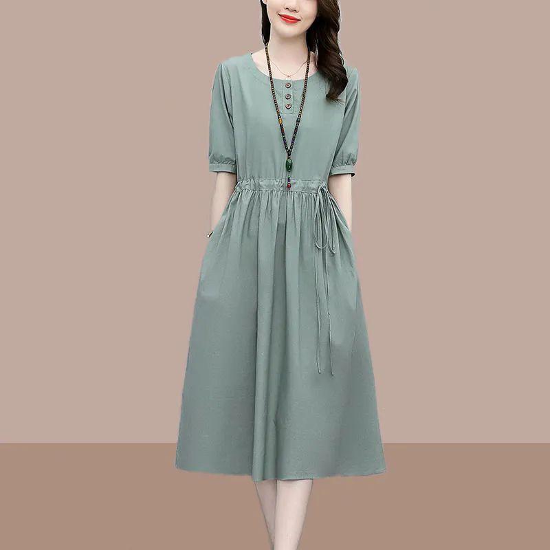 

round Neck Cotton and Linen Dress Mid Length Long Length Women s New Arrival High-End Temperament Waist-Controlled Slimming Belly-Covering Dress Bean Green 3XL