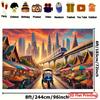 Colorful Bangkok Street Tapestry, Bustling Market with Tuk-tuk, Skytrain and Traditional Temples, Vibrant Thai Cultural Wall Art