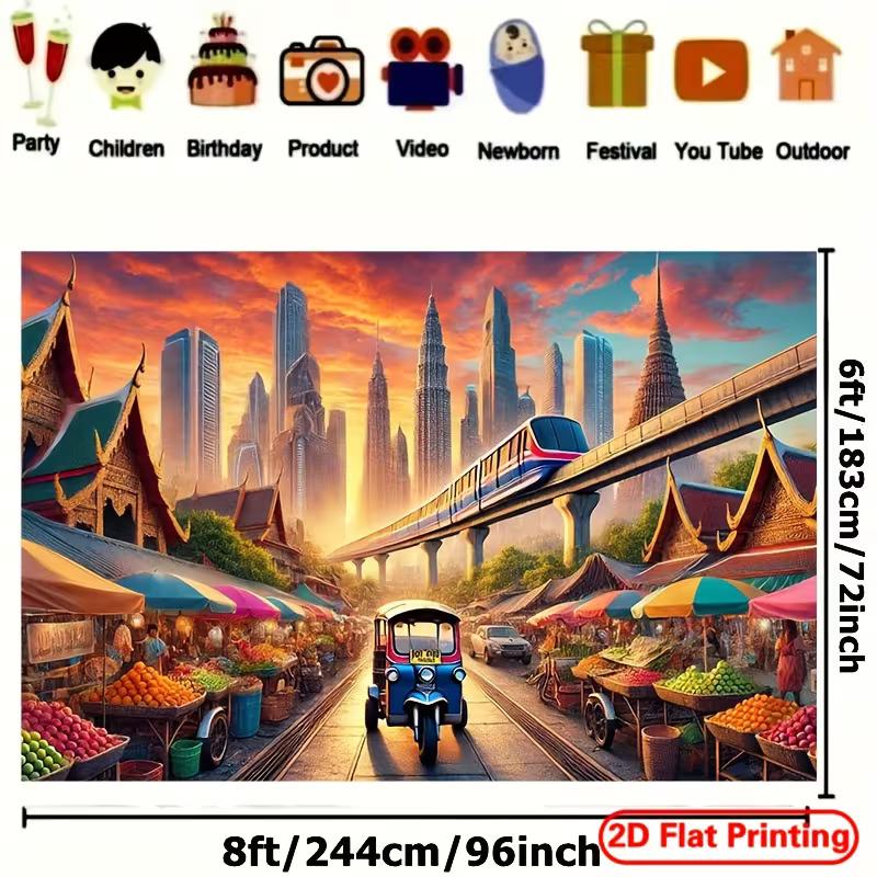 Colorful Bangkok Street Tapestry, Bustling Market with Tuk-tuk, Skytrain and Traditional Temples, Vibrant Thai Cultural Wall Art