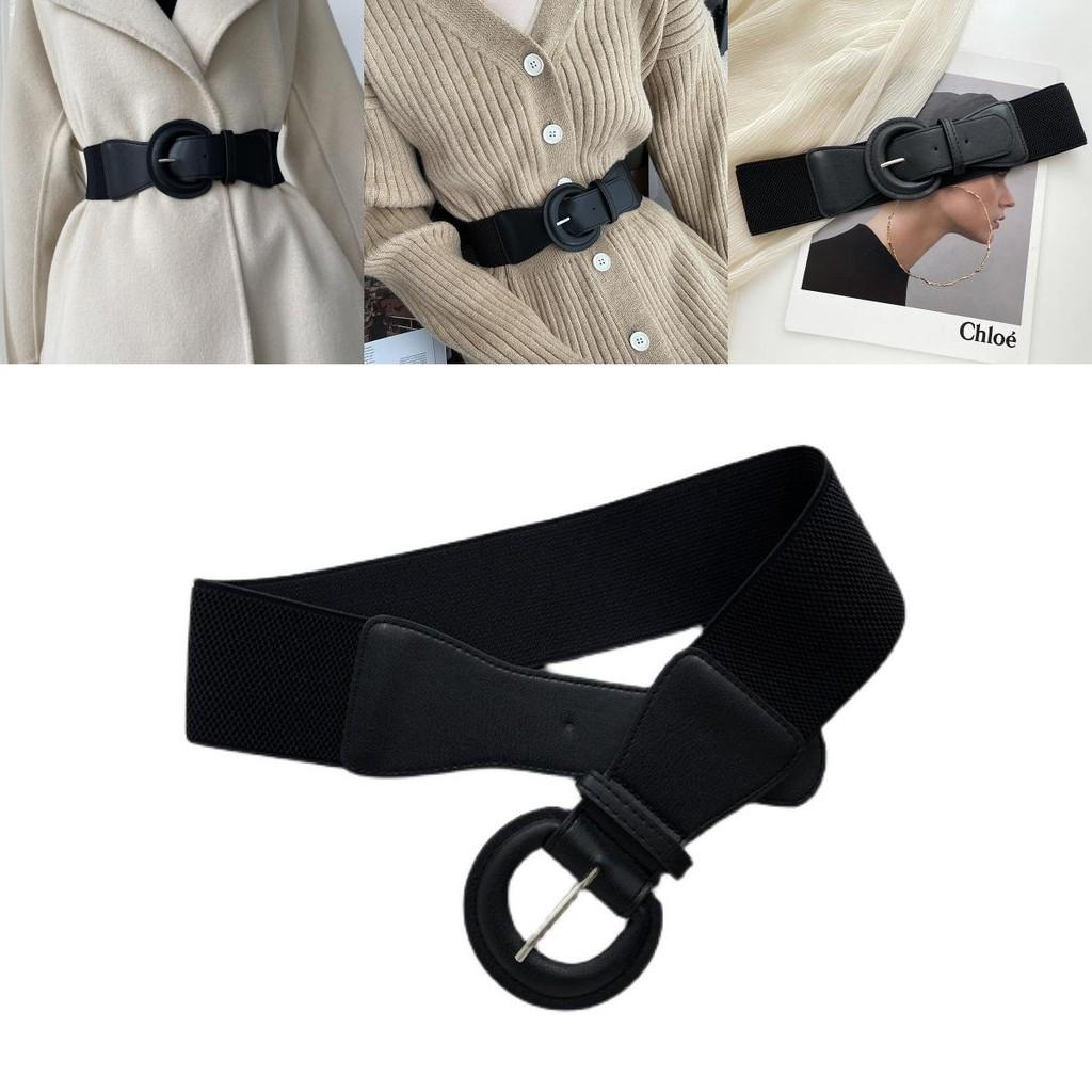 Stylish Women's Black Faux Leather Waist Belt With Elastic Stretch And Round Buckle