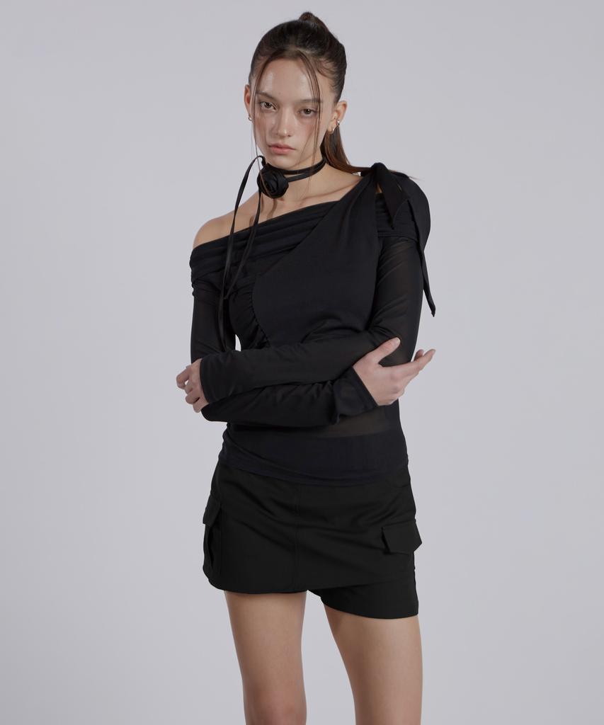 Jinju Yuz Mini Pocket Unbalance Skirt[Black]