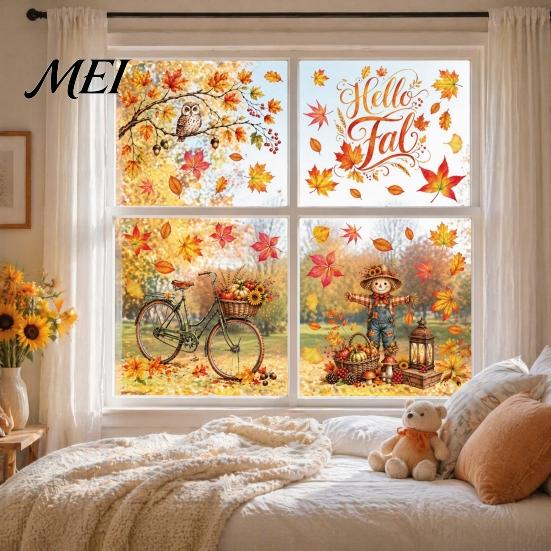 Scarecrow Owl Window Art 6 Sheets Autumn Harvest Static Stickers, Maple Leaves Scarecrows Bicycle Theme Glass Decor Thanksgiving Decals, Reusable PVC