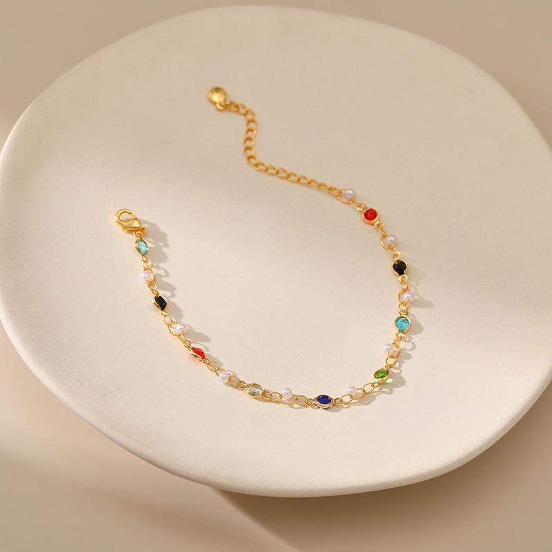 K Gold Plated Multicolor Glass Crystal Pearl Bracelet For Women