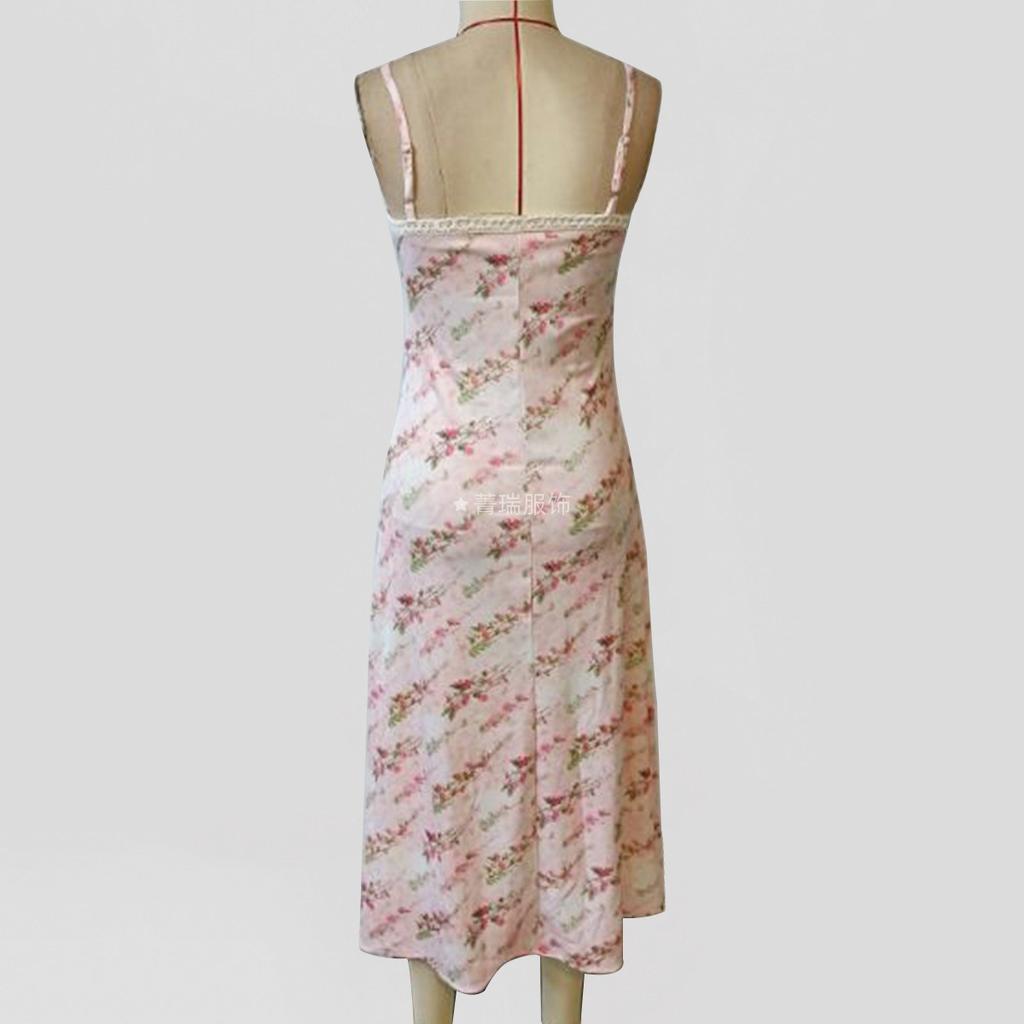 Women's Fresh and Sweet Waist Lace Patchwork Print Halter Dress