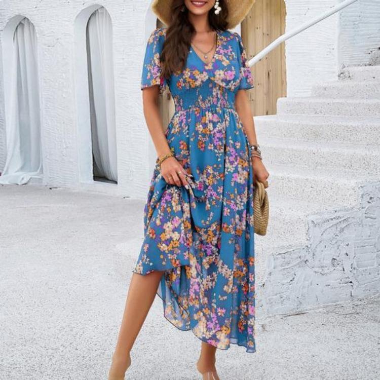 Boho Floralprint Maxikleid für Damen Sommer Strandsonnenkleid mit tiefem V-Ausschnitt Rüschenkurzarm Chiffon Langes Freizeitkleid