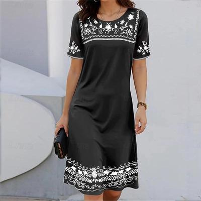 Fashion Womens Loose Simple Retro Style Print O Neck Short Sleeve Leaves Print Loose Streetwear A-line Dress