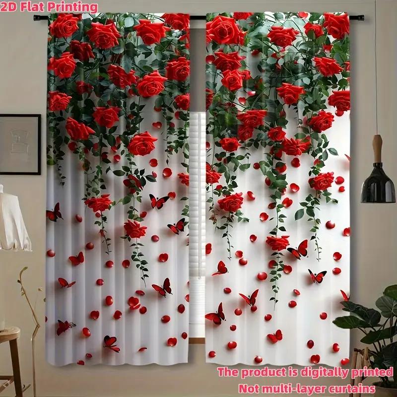

2PCS red rose printed curtains pole bag design privacy protection suitable for decorating various scenes 100*130 HOOK 1pcs