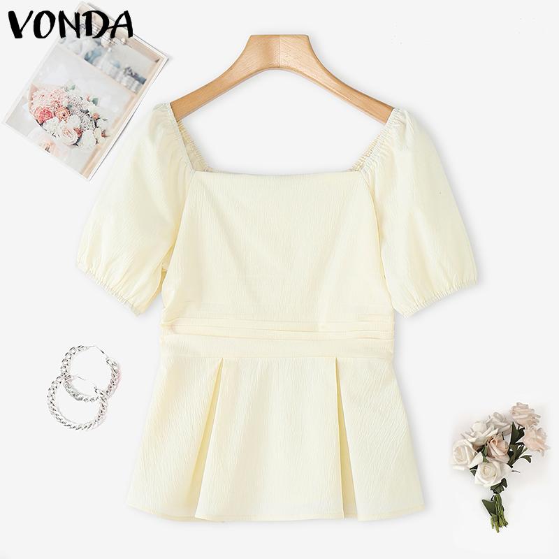 VONDA Women Square Collar Puff Sleeve Ruffled Casual Rumple Blouse