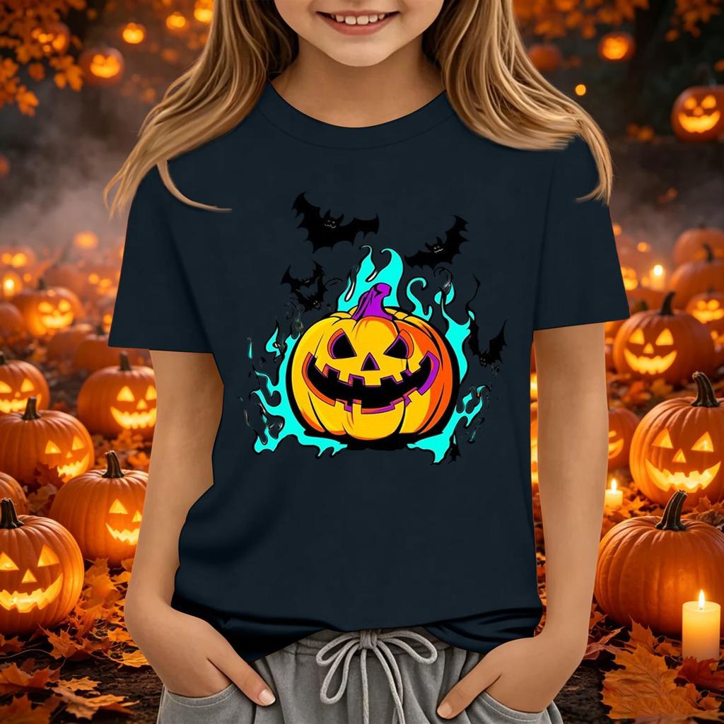 Kids Halloween Printed Neck Short Sleeve T-Shirt Loose Fit Casual Top