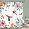 Hummingbird Floral Shower Curtain Birds Watercolour on Flower Branches Printed Polyester Bath Curtains Bathroom Decor with Hooks