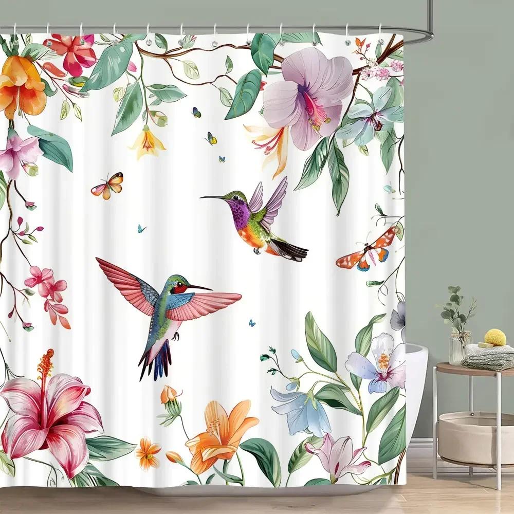 Hummingbird Floral Shower Curtain Birds Watercolour on Flower Branches Printed Polyester Bath Curtains Bathroom Decor with Hooks