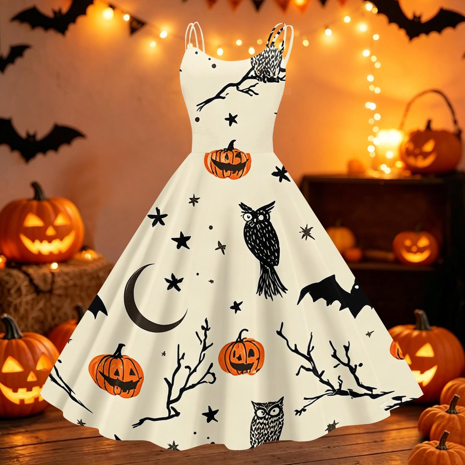 Womens Halloween Print Off Shoulder Dress Vintage Punk Style Sleeveless Spaghetti Strap Flared Skirt Party Dress M