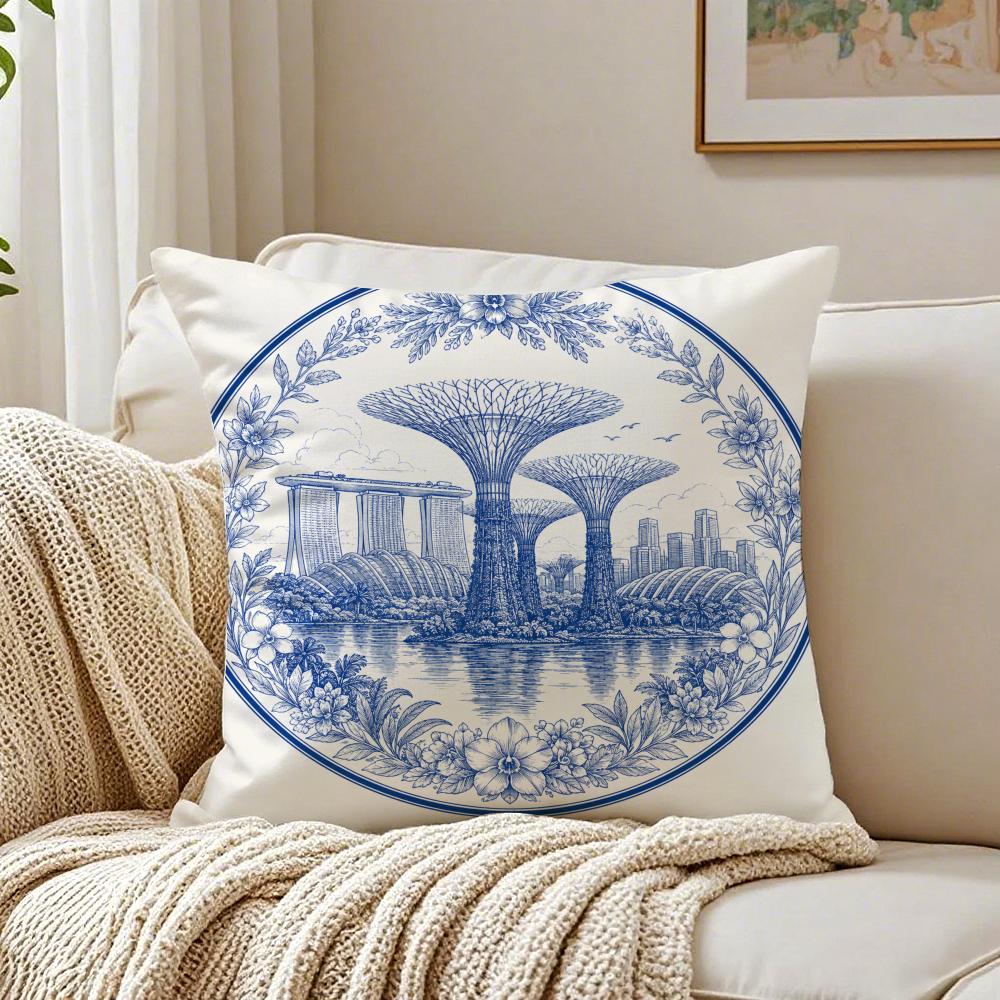 Singapore Vintage Cityscape Cushion Cover Breathable Short Plush Cushion Covers Machine Washable Wrinkle-Resistant Soft Durable