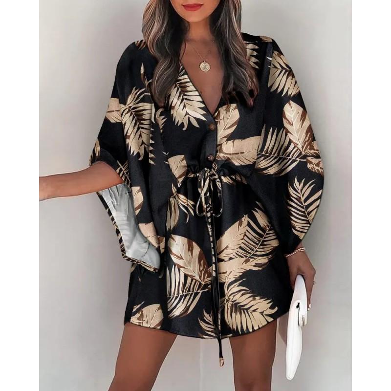 V-Neck Tie-Front Batwing Sleeve Casual Vacation Dress Women Floral Print Acetate Blend Short