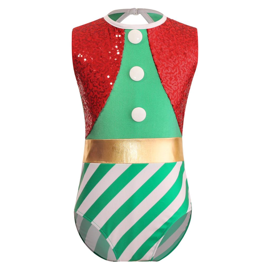 Kinder Mädchen Weihnachtskostüm Cosplay Tanz-Turnanzug Ärmelloser Jumpsuit Pailletten Streifen Gymnastik-Einteiler Body Weihnachtsmann Verkleidung