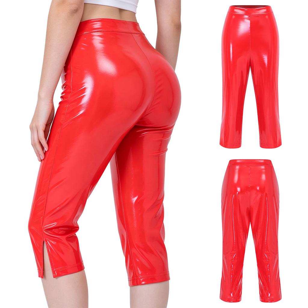 Hohe Taille Spaltbein Glänzende PU-Leder Capri-Hose Skinny Wet-Look Leggings für Damen Rave Club Y2K Outfit