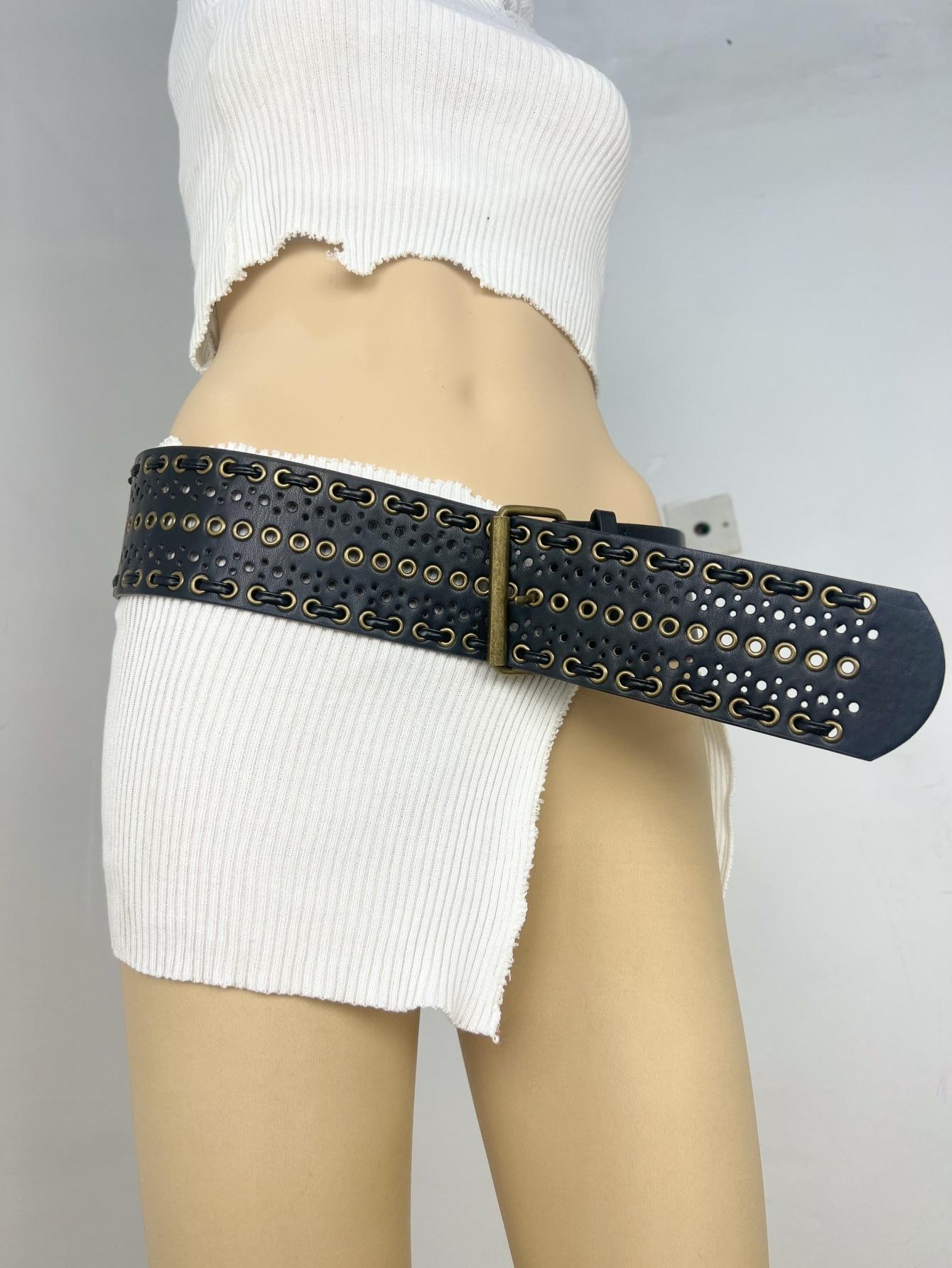 

Пояс ручной работы, Панк-ремень из ПУ-кожи с прорезями в виде люверсов, Богемный стиль в духе тяжелой промышленности 110cm