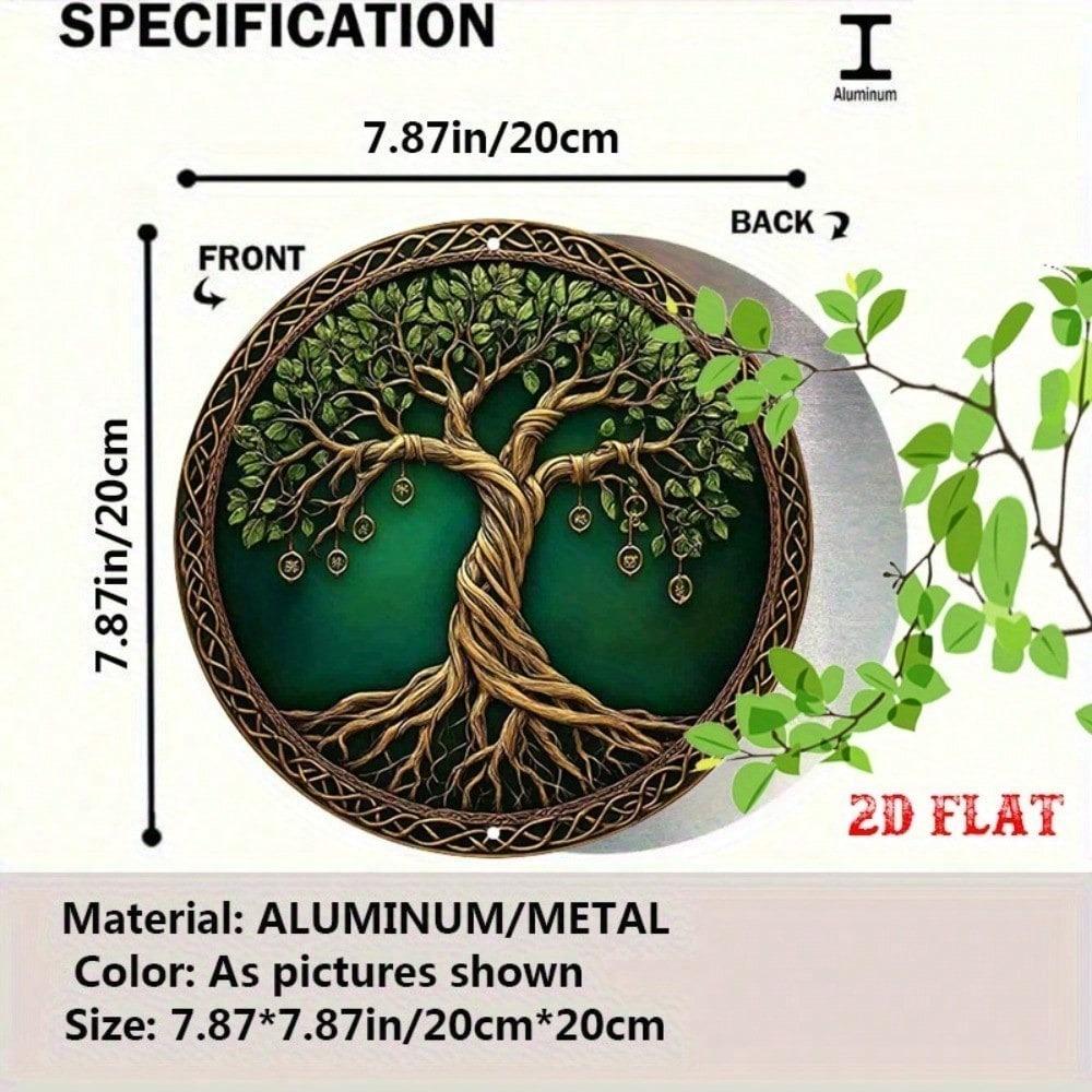 Vintage Green Gold Metal Wall Art Celtic Tree Sign, 2D Flat Aluminum Decor Heavy Duty For Living Room