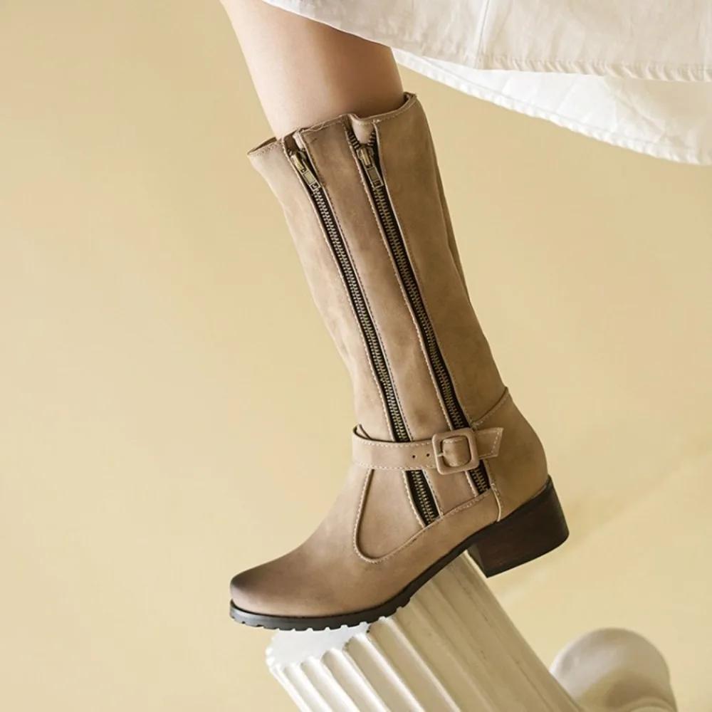 Gothic Round Toe Cool Winter Olive Army Green Womans Shoes Combat Boots Zipper Mid-calf Women Riding Equestrian Boots