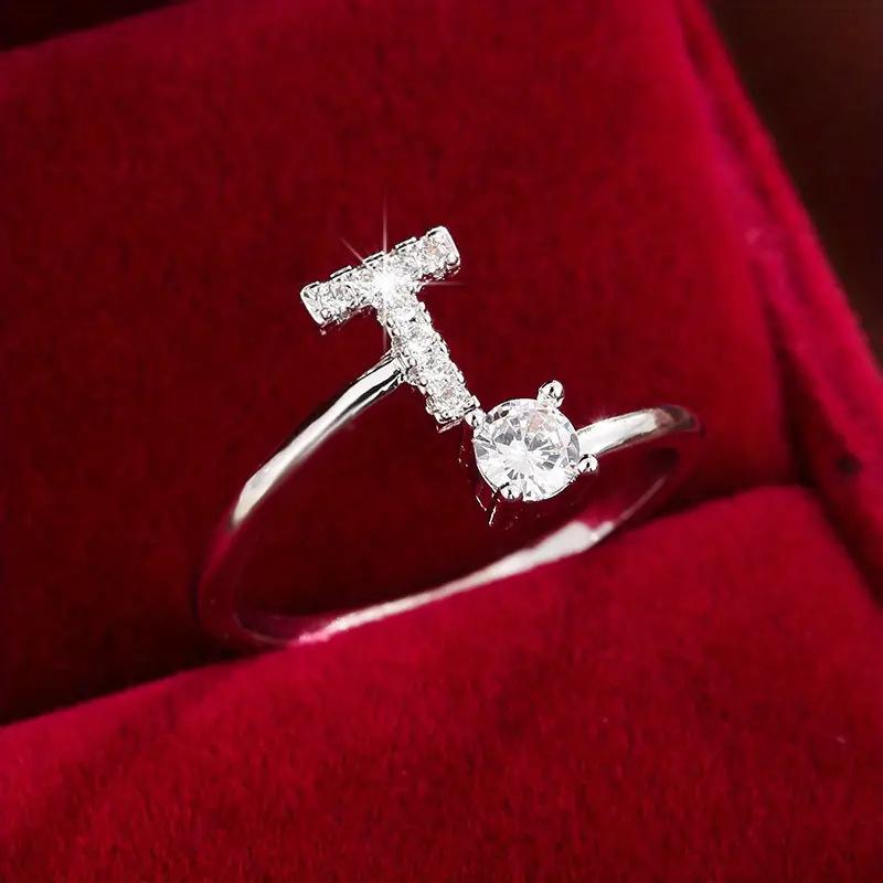 26 English Letter Micro-set Zircon Fashion Women's Ring, Copper-plated 14K Open Plain Ring
