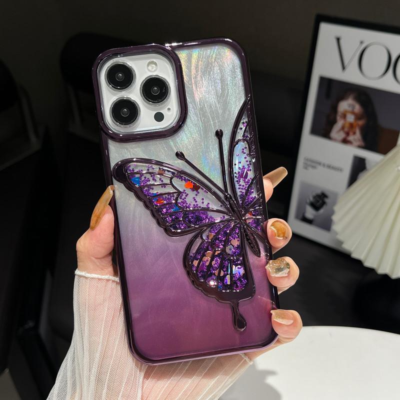 Płynny piasek Trójwymiarowy motyl Pasuje do etui na telefon komórkowy IPhone16proMax Elektroplaterowane pióro Piaskowy gradient Etui ochronne Apple 15
