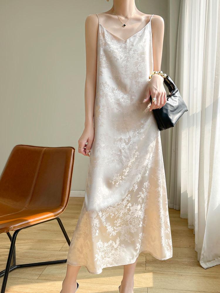 Damen Chinesischer Stil Satin Jacquard Maxikleid mit Spaghettiträgern