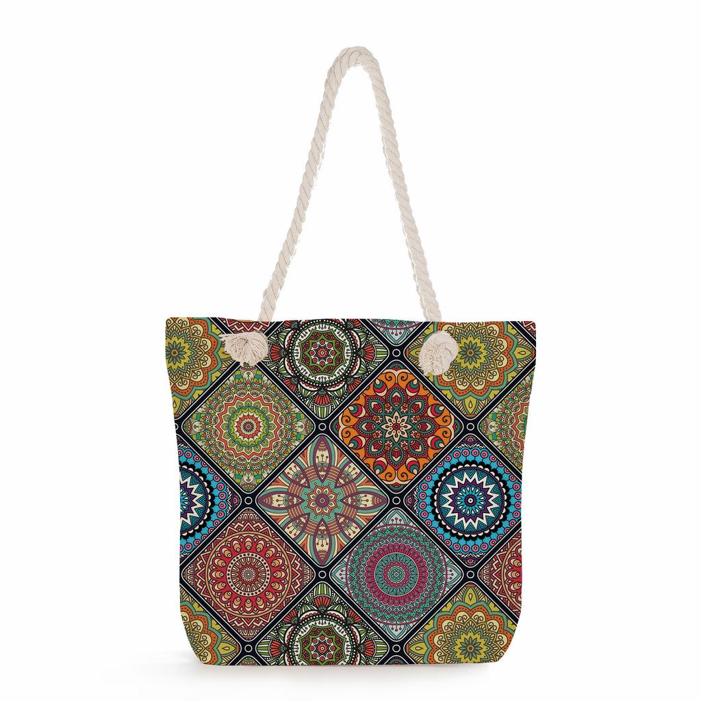 Multifunctional  Flower Printed Thick Rope Shoulder Beach Bag 7588